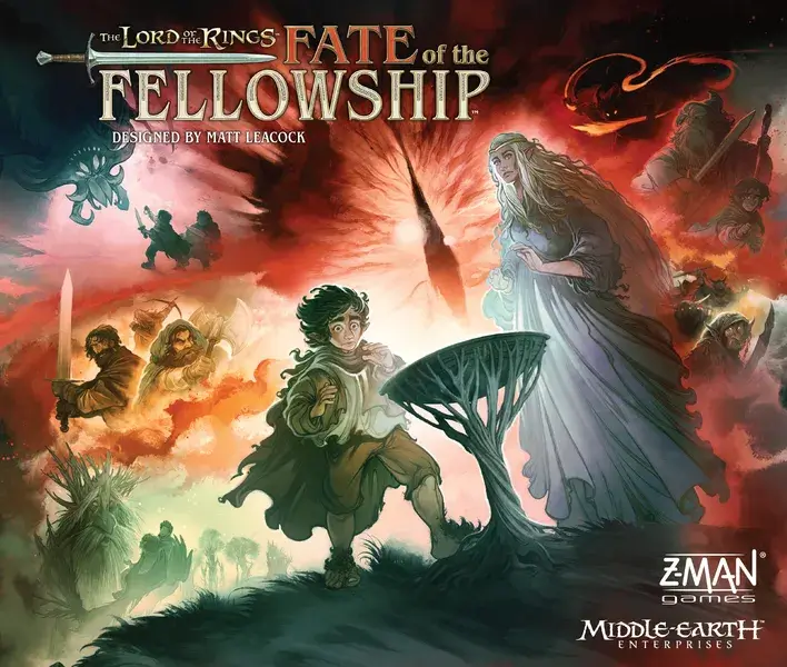 Spielbox von 'Der Herr der Ringe: Das Schicksal der Gemeinschaft', die Frodo und die Gefährten auf ihrer Reise durch Mittelerde zeigt.